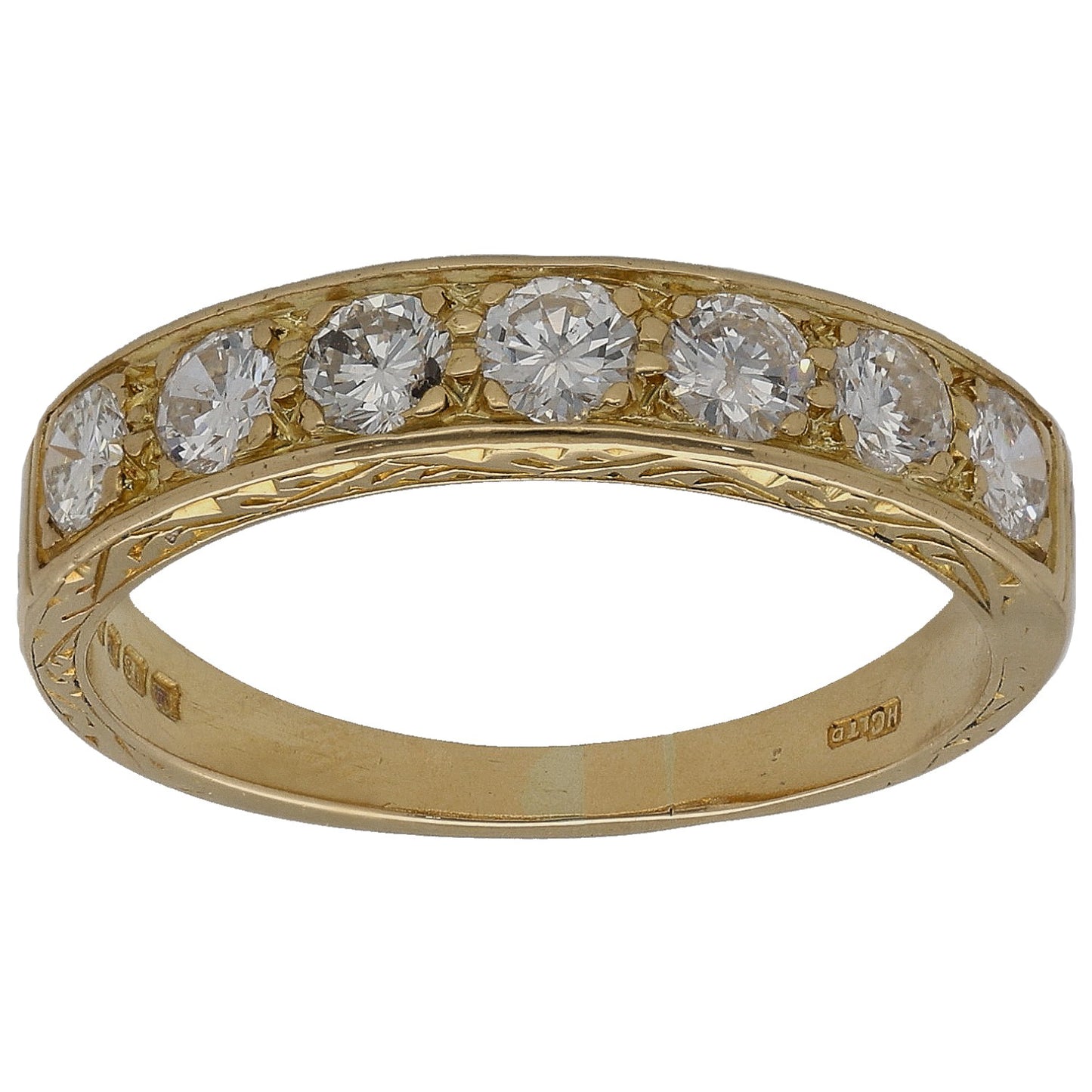 Yellow gold half eternity ring with round diamond row across the top