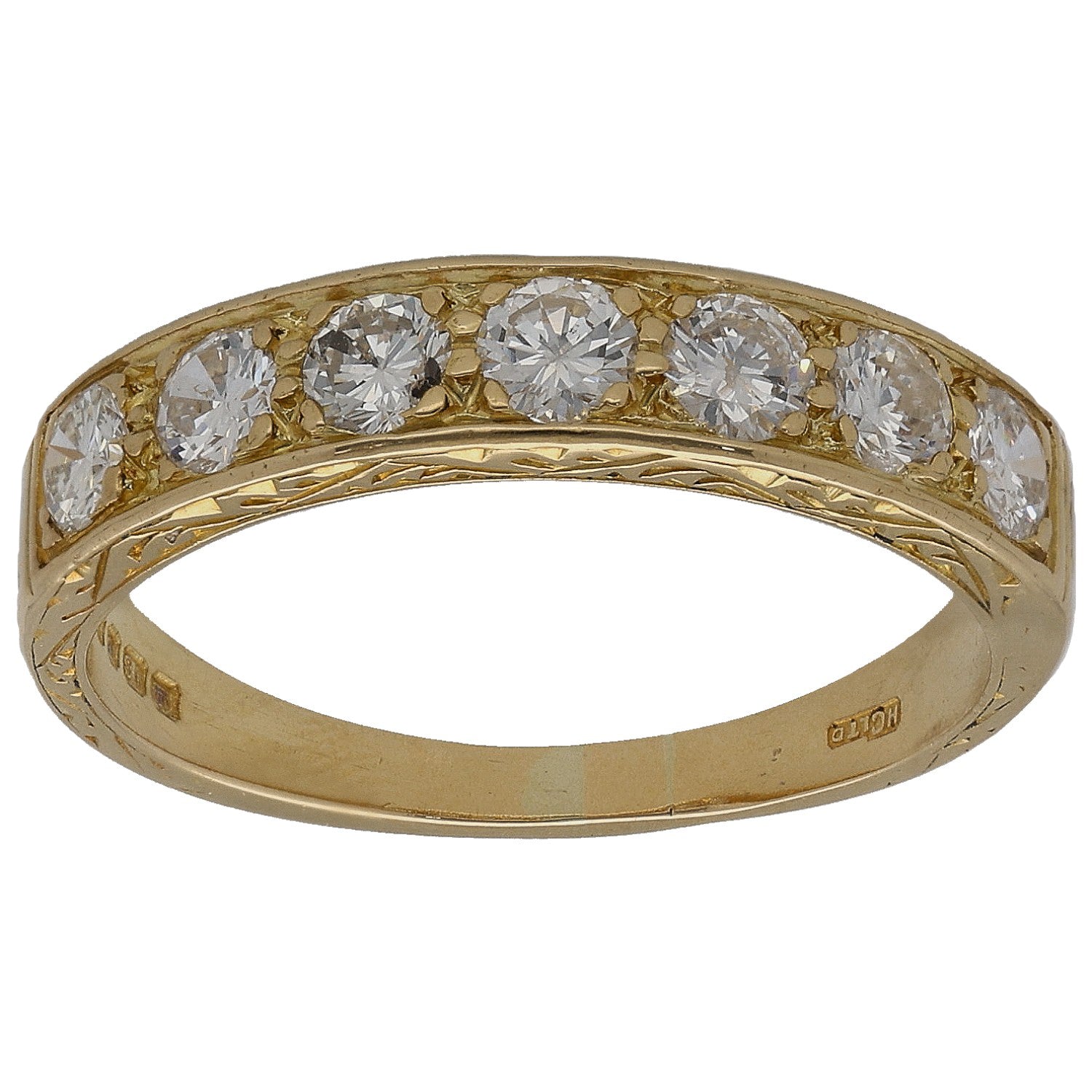 Yellow gold half eternity ring with round diamond row across the top