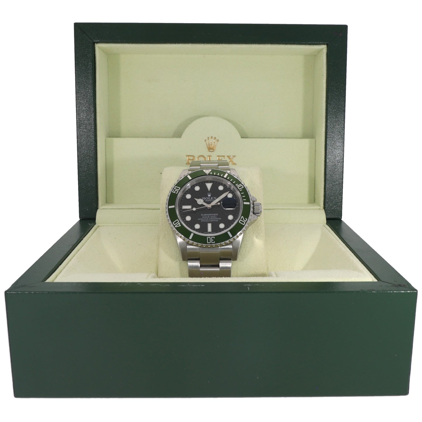 Stainless steel Submariner watch with green bezel and black dial, in display box
