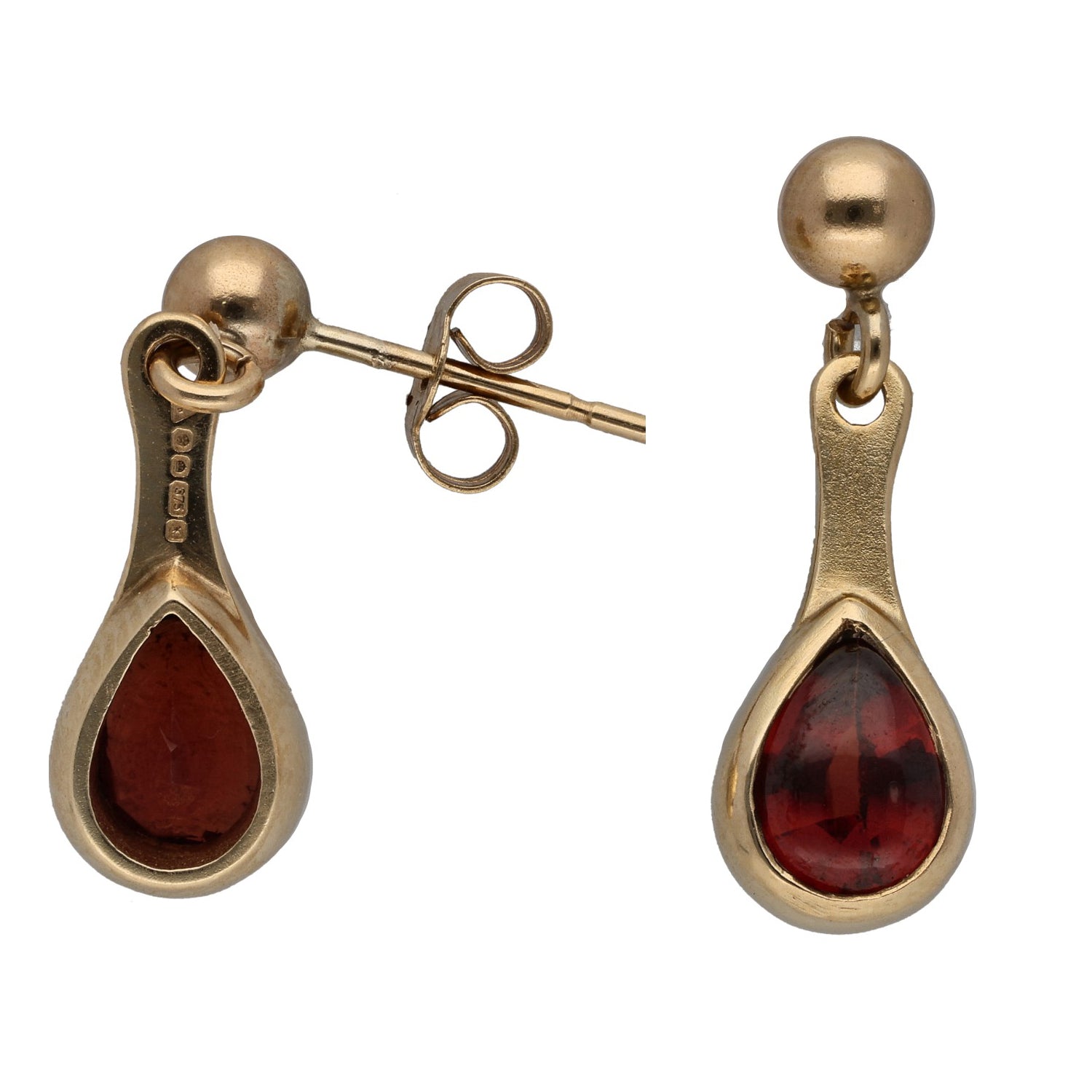 9ct gold garnet teardrop drop earrings with red cabochon and gold hook backs