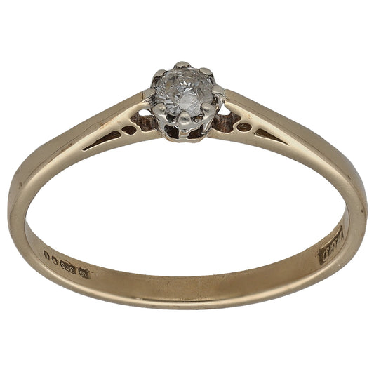 9ct yellow gold solitaire ring with round diamond set in four-prong claw setting