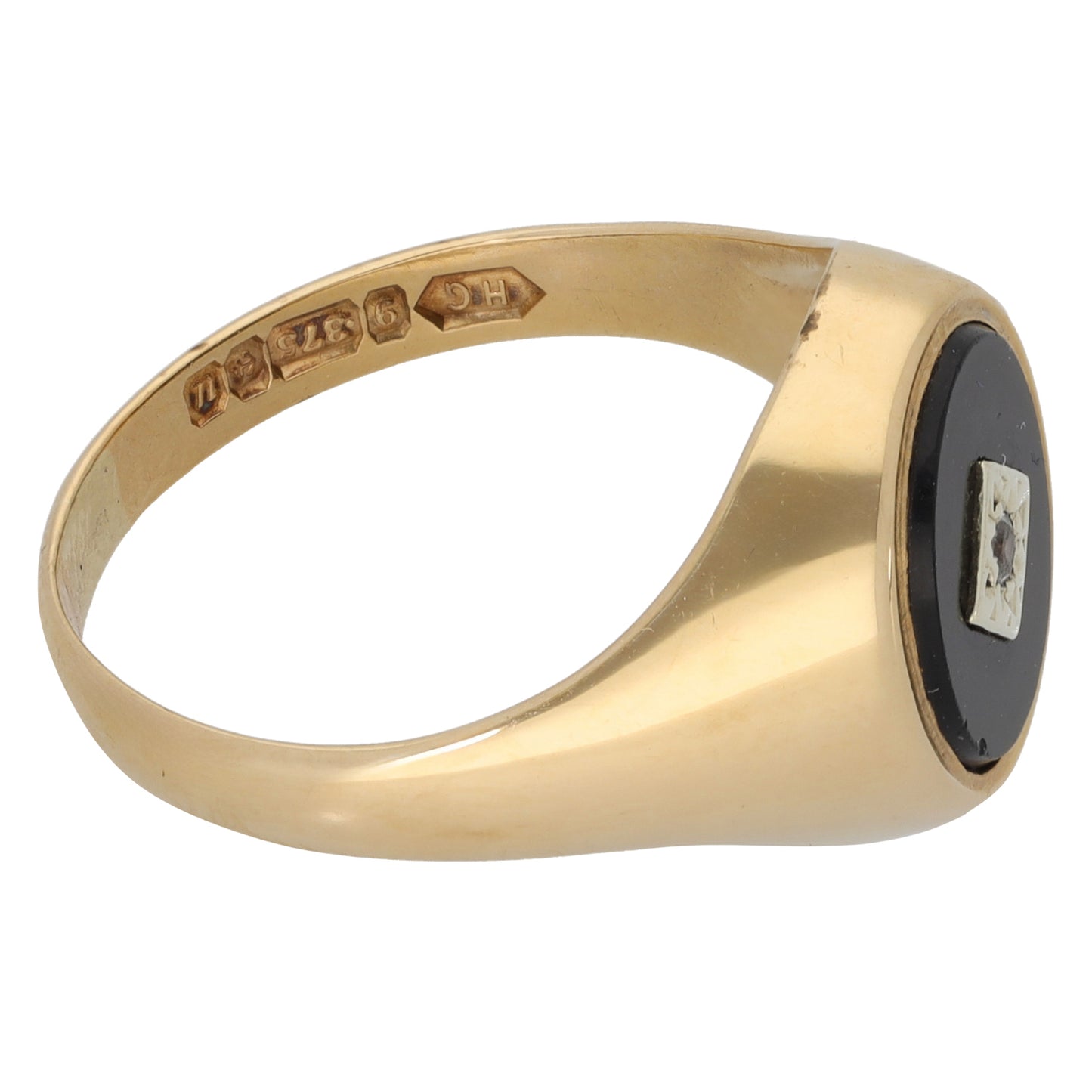 9ct Gold Onyx & Cubic Zirconia Patterned Signet Ring Size V