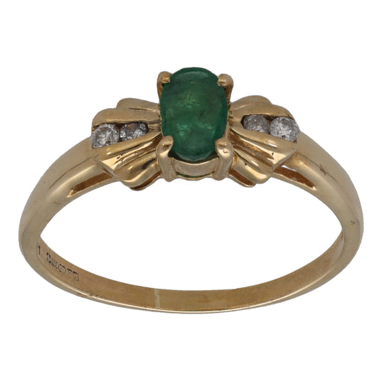 9ct Gold Emerald & 0.06ct Diamond Single Stone Ring With Accents Size P