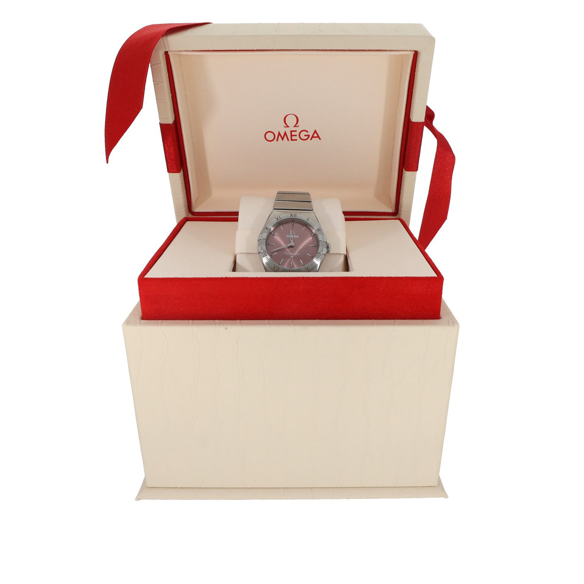 Omega Constellation 131.10.28.60.11.001, pink dial with 28mm stainless steel case and bracelet, in Omega box with ribbons