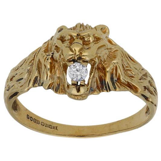 9ct Gold Cubic Zirconia Single Stone Lion's Head Ring Size T