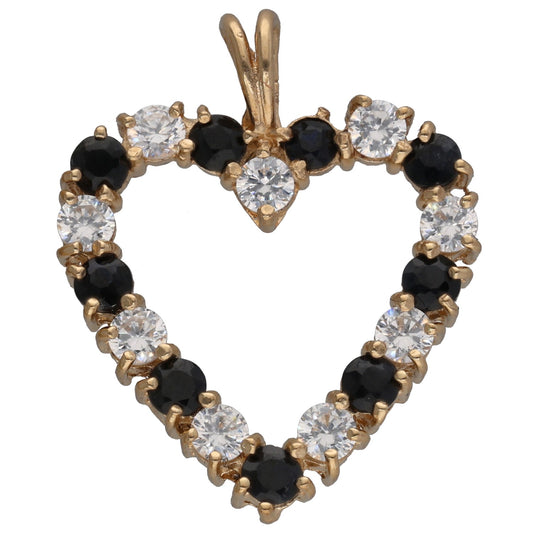 Gold heart pendant with round clear stones and dark blue gem accents