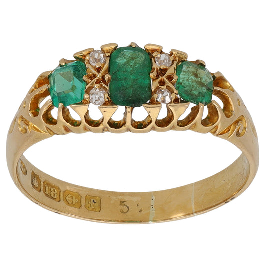 18ct Gold Emerald & 0.04ct Diamond A&V Stone Set Ring Size Q