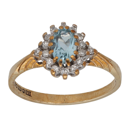 9ct Gold 0.16ct Diamond & Aquamarine Dress/Cocktail Ring Size K