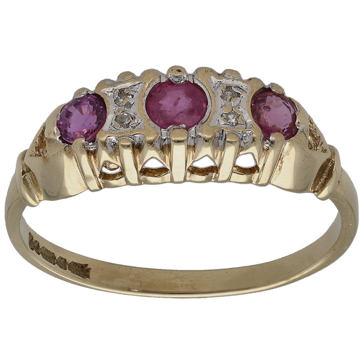 Gold cocktail ring with three round purple sapphires and diamond accents, openwork shoulders