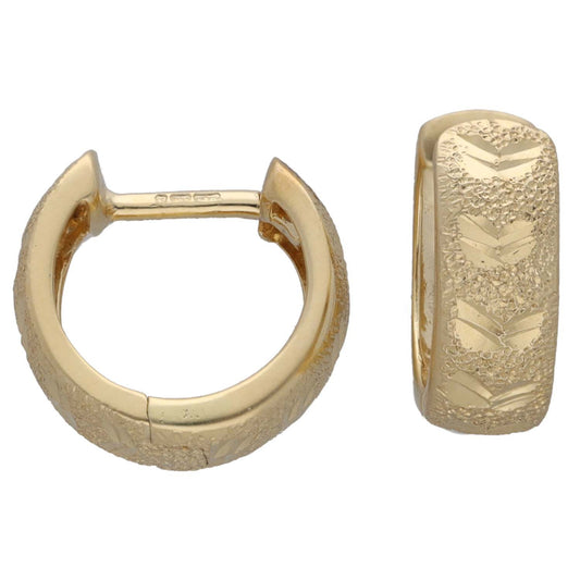 14ct gold hoop earrings, textured half-hoops with secure hinge clasp, pair