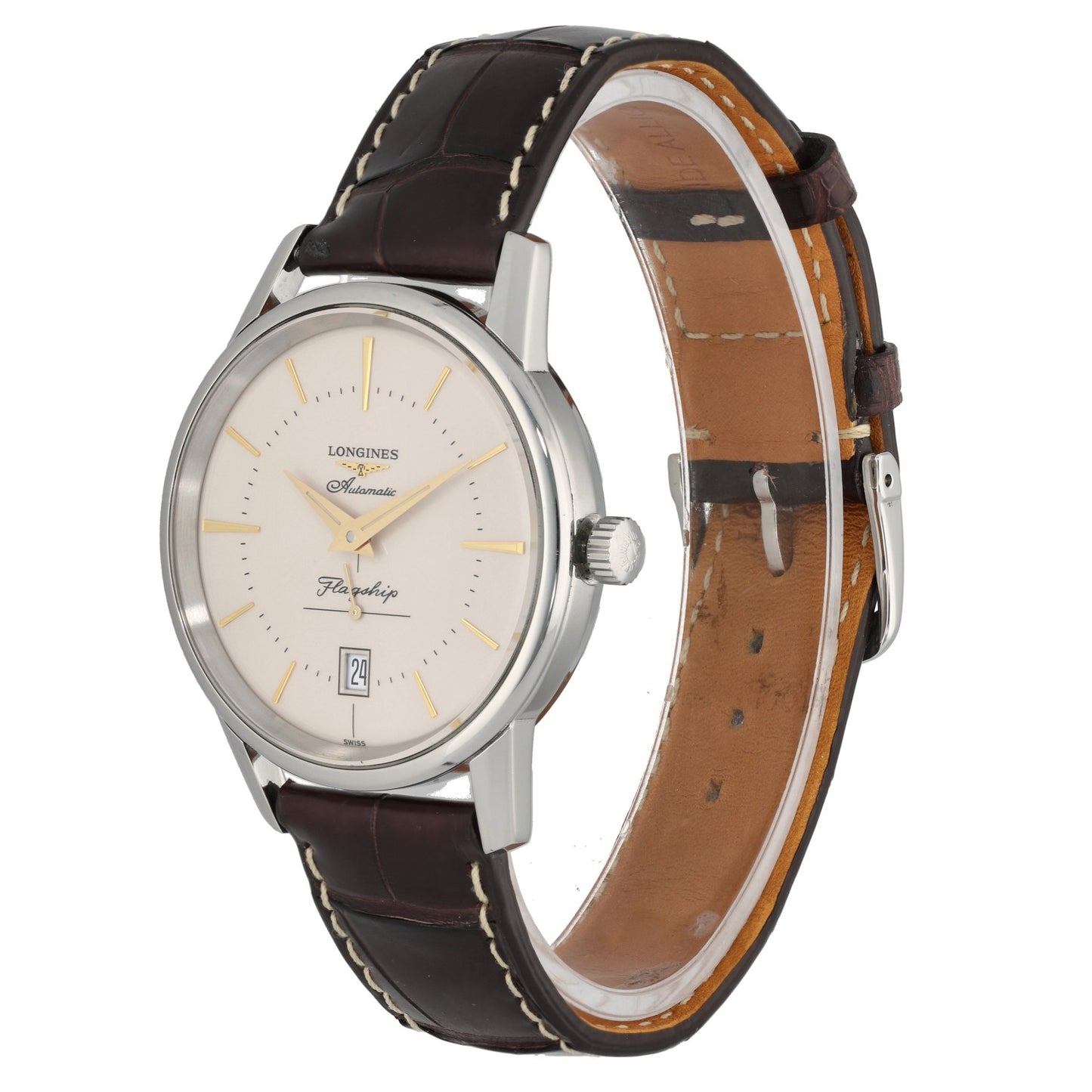 Longines Flagship L4.795.4, cream dial, stainless steel case, brown leather bracelet