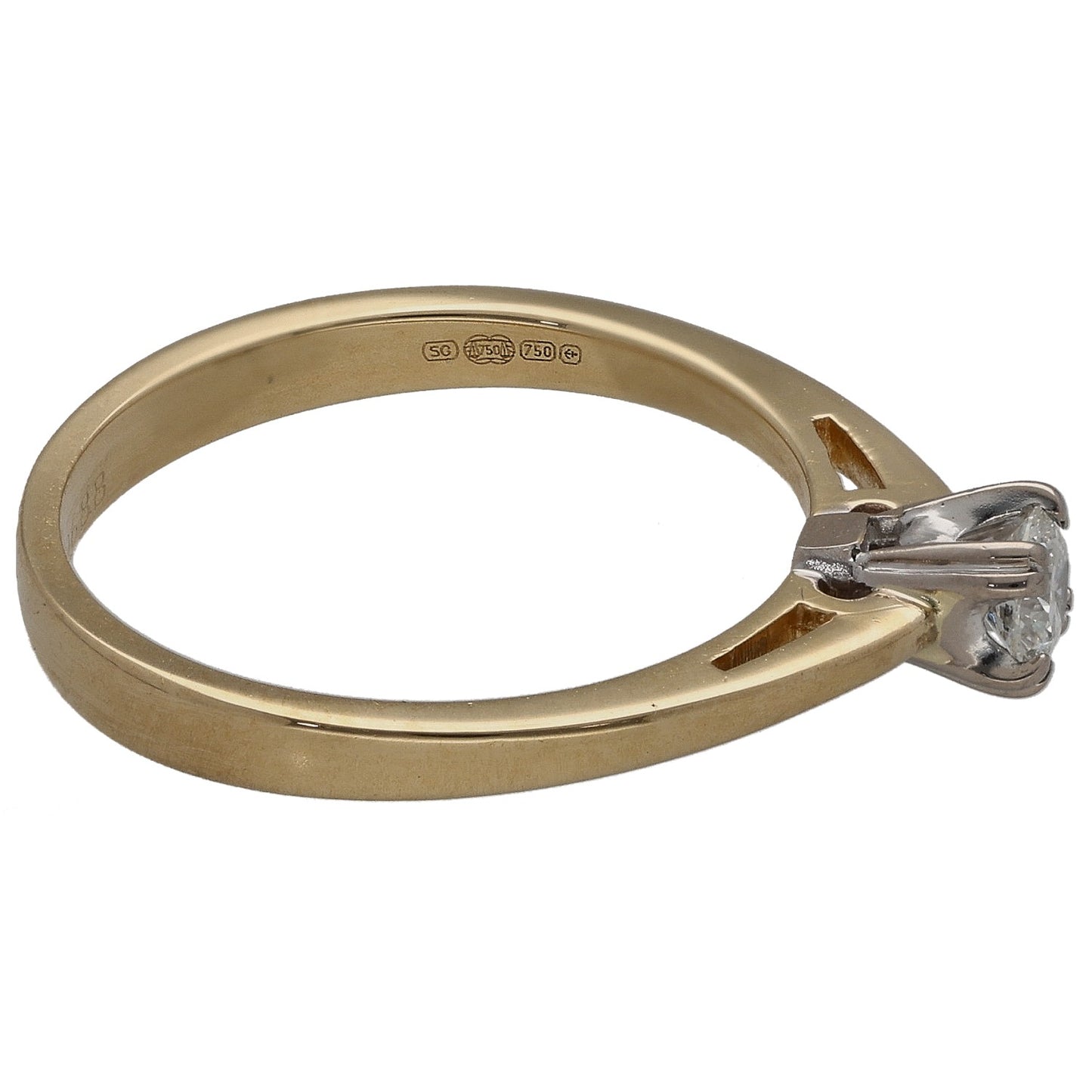 Gold diamond solitaire ring side view, round claw-set stone and engraved band
