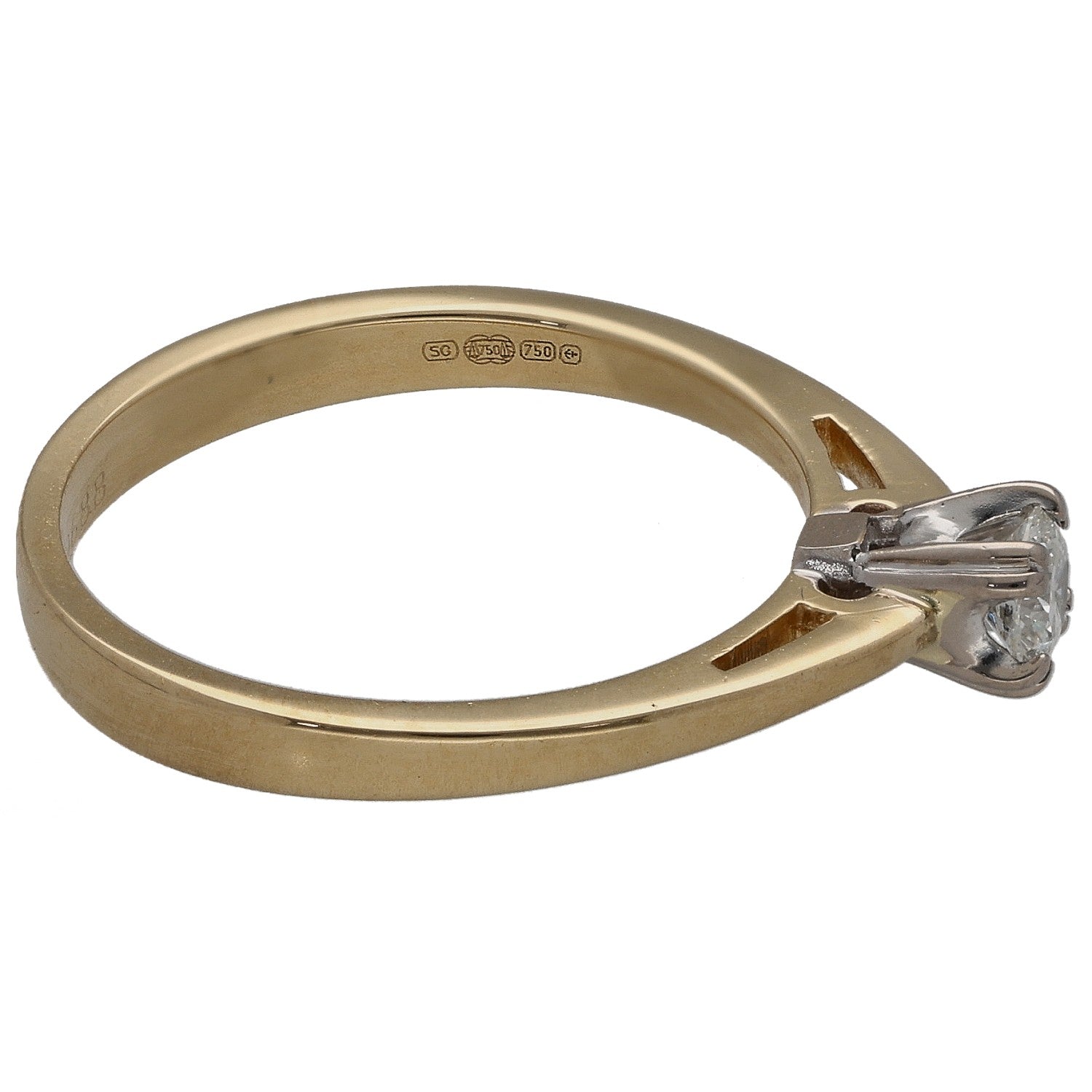 Gold diamond solitaire ring side view, round claw-set stone and engraved band