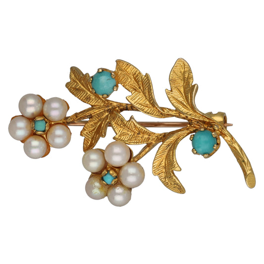 9ct Gold Turquoise & Cultured Pearl Bar Brooch
