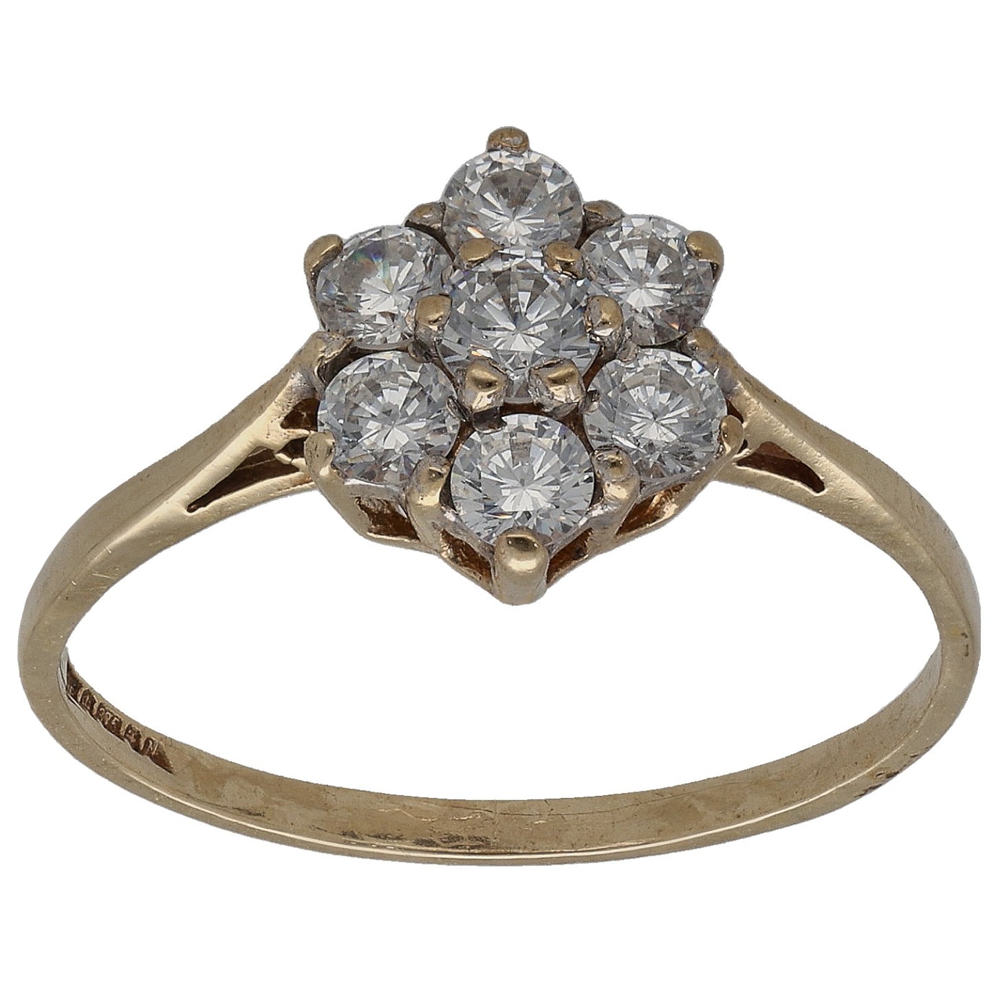 Gold CZ cluster ring with five large round stones, prong-set in a halo.
