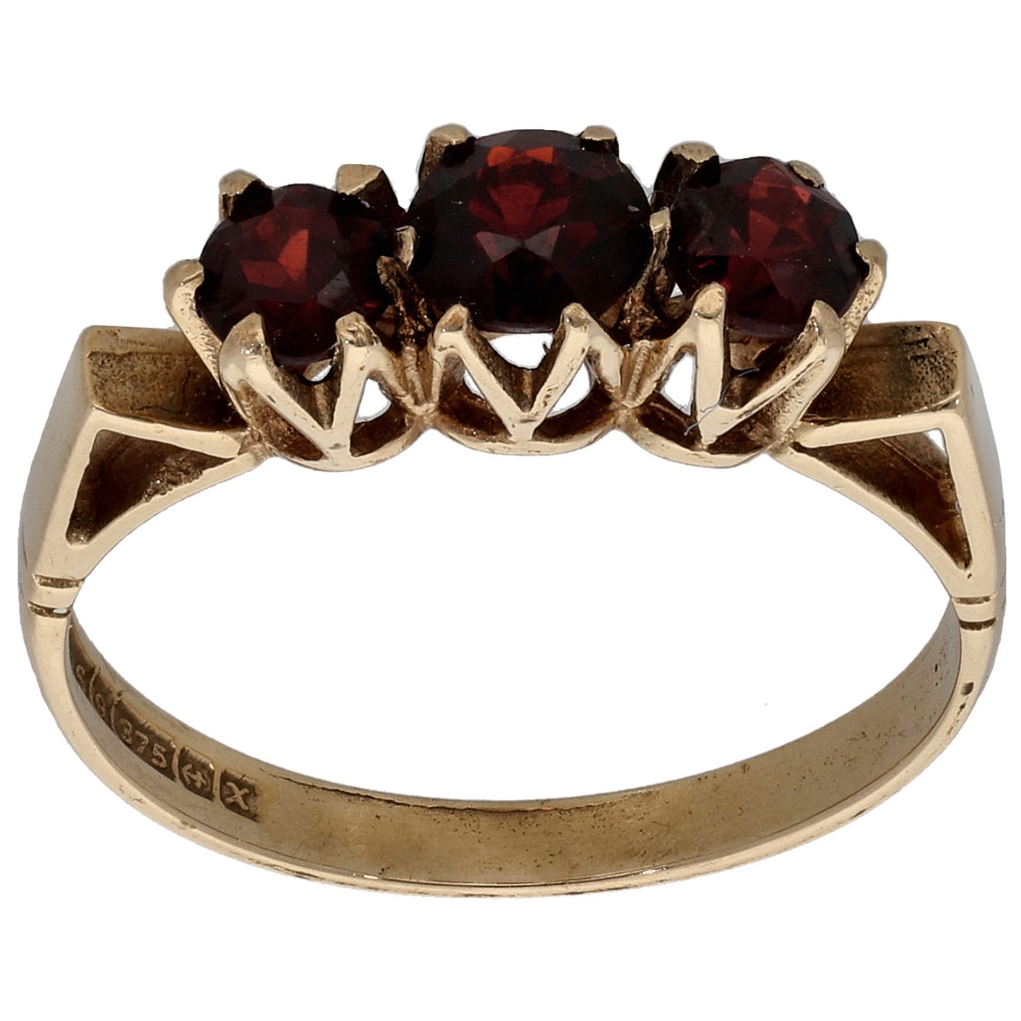 9ct Gold Garnet Three Stone Ring Size M