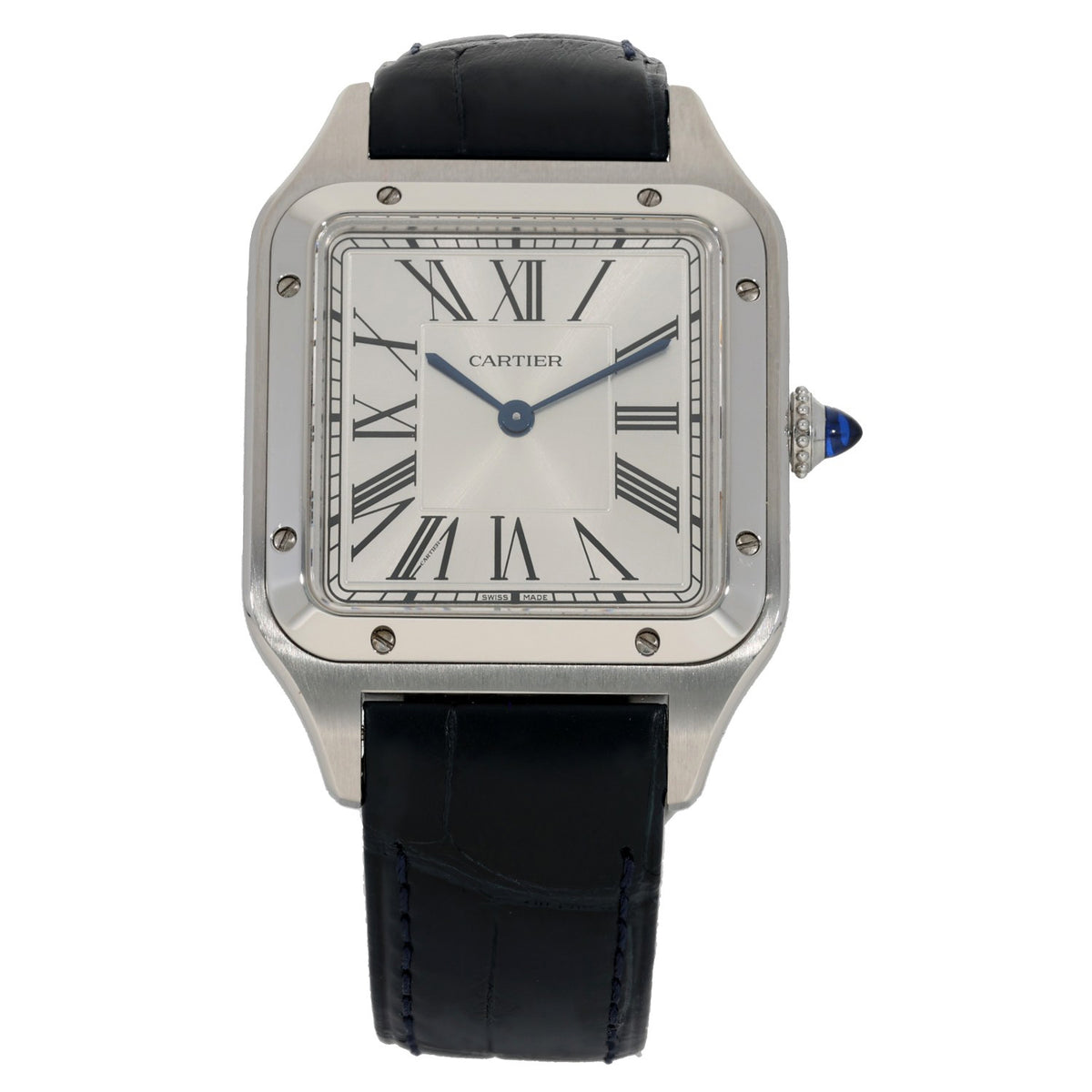 Cartier Santos Dumont WSSA0022, silver dial in stainless steel case with black leather bracelet