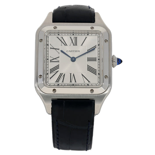 Cartier Santos Dumont WSSA0022, silver dial in stainless steel case with black leather bracelet