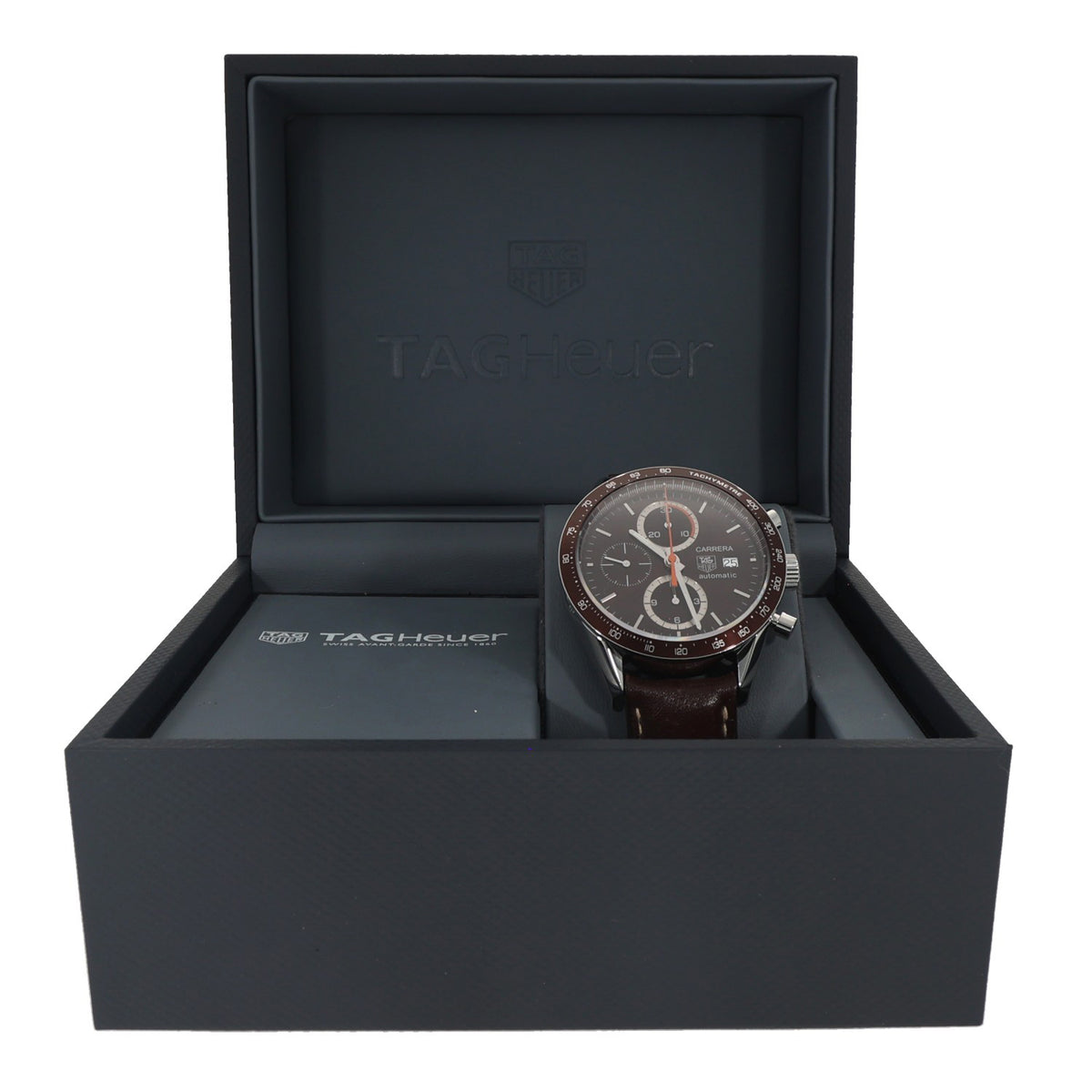 Tag Heuer Carrera CV2013-3, chocolater brown dial, bezel and leather strap, front image, in the Tag Heuer box