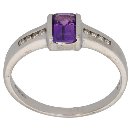 9ct White Gold Amethyst & 0.04ct Diamond Dress/Cocktail Ring Size P