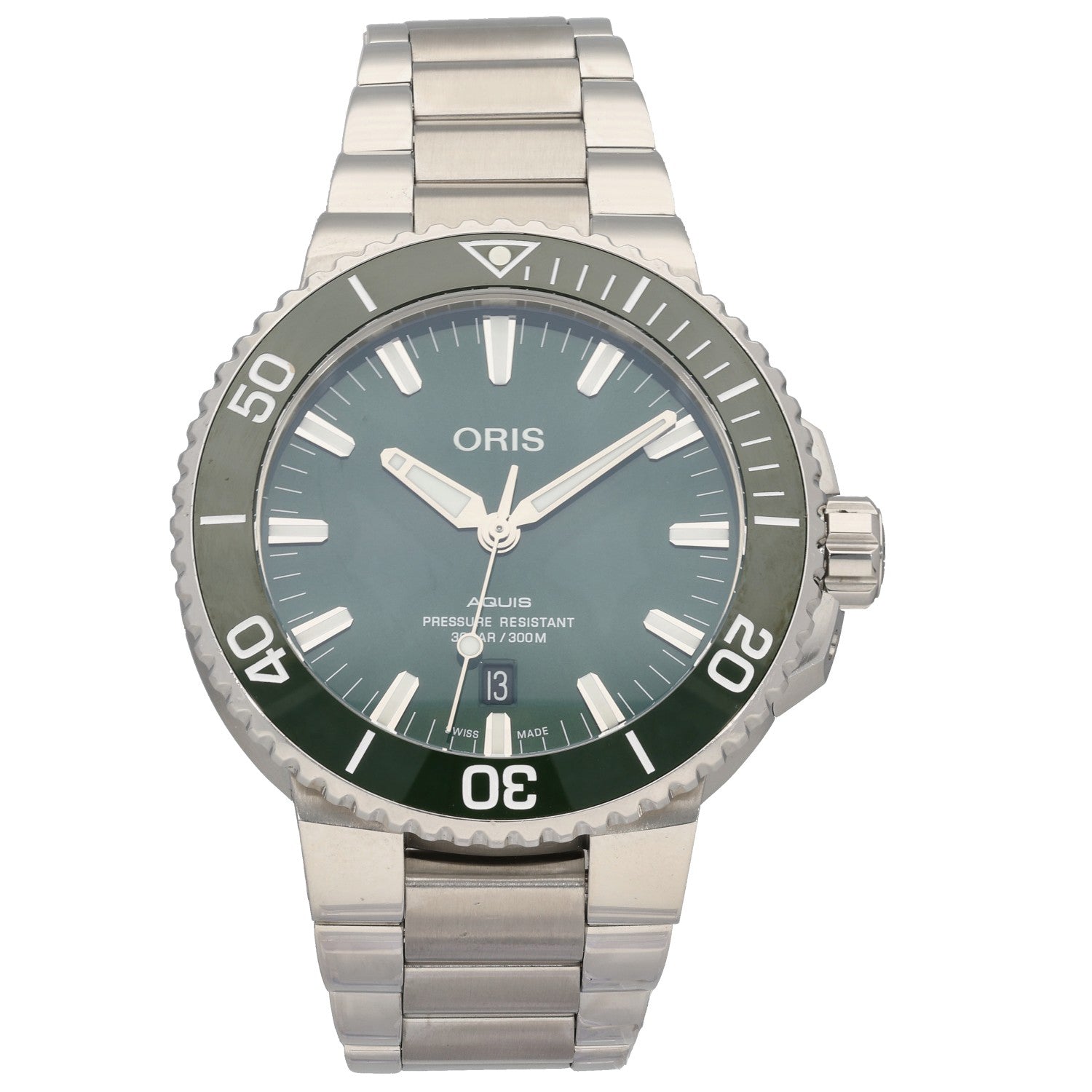 Oris Aquis 7730 Stainless steel diver watch with teal dial, numbered bezel, and metal bracelet