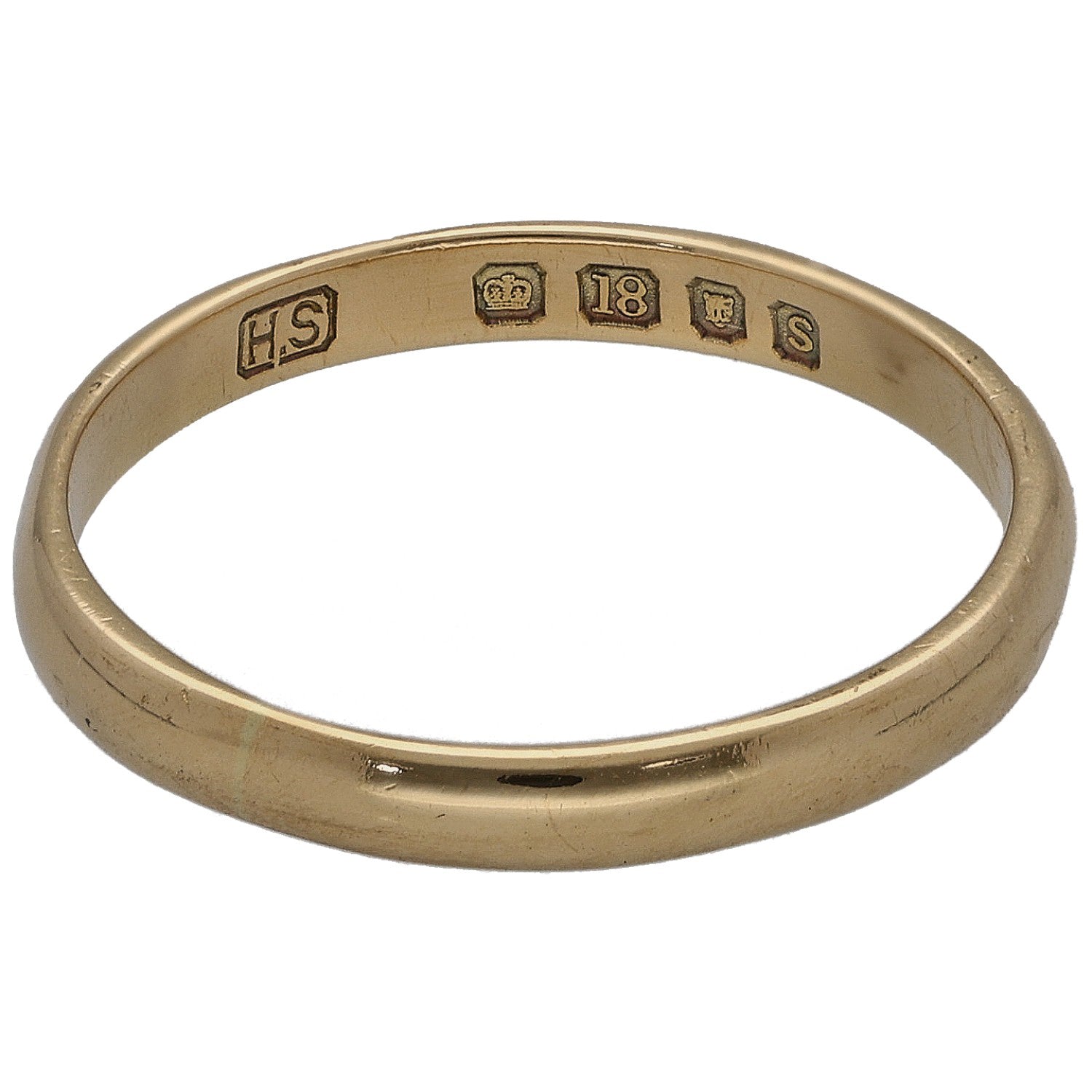 18ct gold wedding ring with hallmark stamps on inner edge, size N