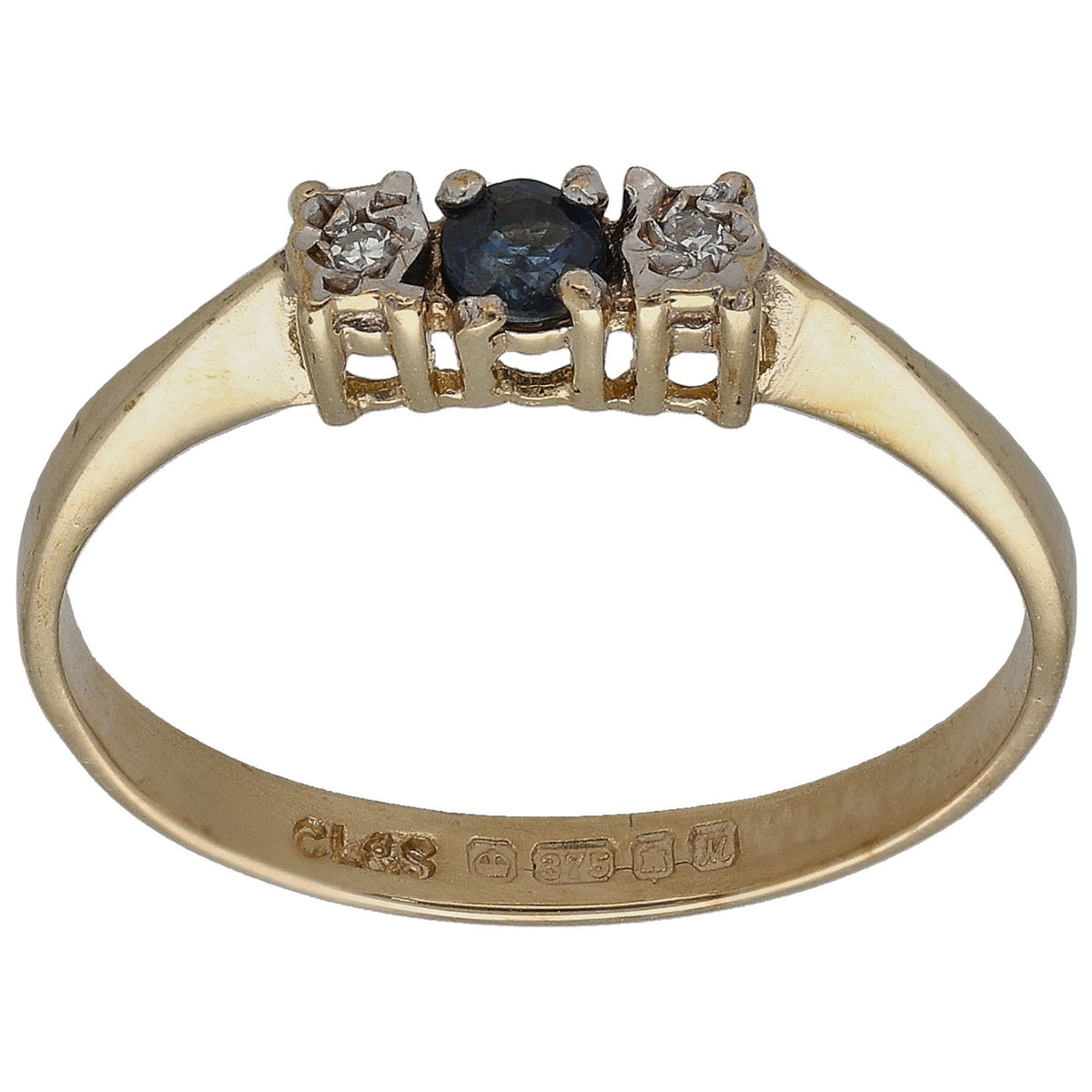 9ct gold three-stone ring with sapphire and round diamonds, size M band