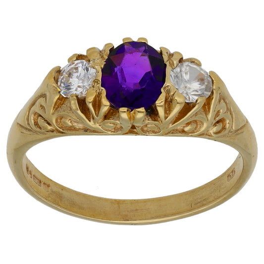 9ct Gold Amethyst & Cubic Zirconia Three Stone Ring Size O