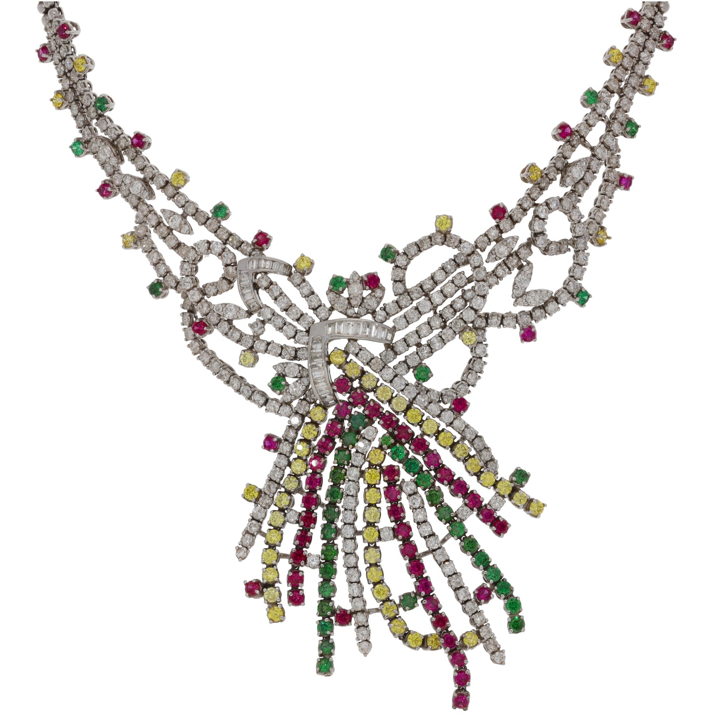 18ct White Gold 6.24ct Diamond, Garnet & Man Made Ruby Fancy Necklace 30"