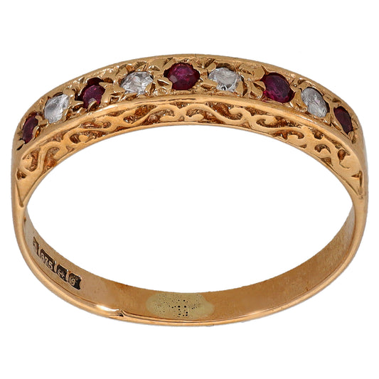 9ct gold half eternity ring with ruby red and clear CZ stones, round band
