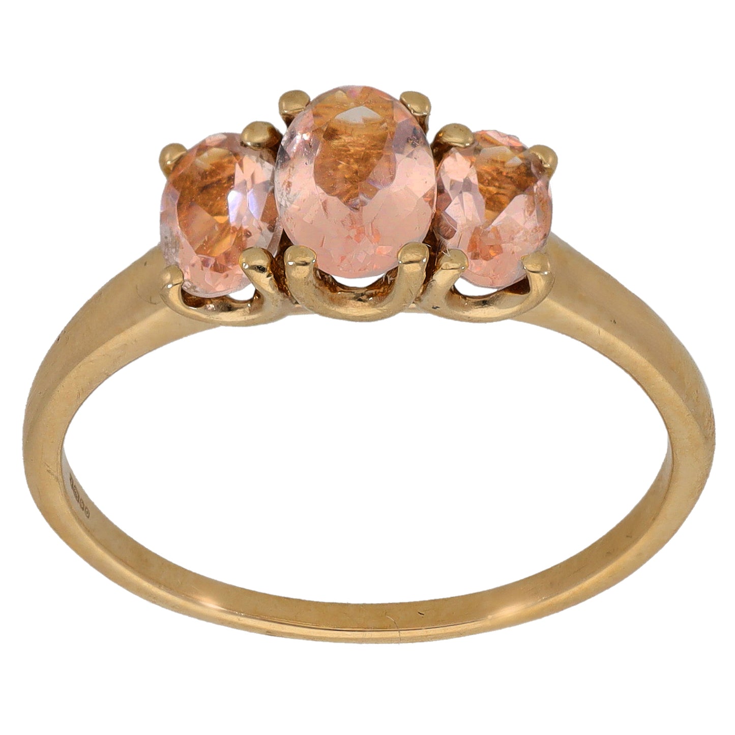 Gold three-stone morganite ring, size S, featuring three pink faceted oval stones