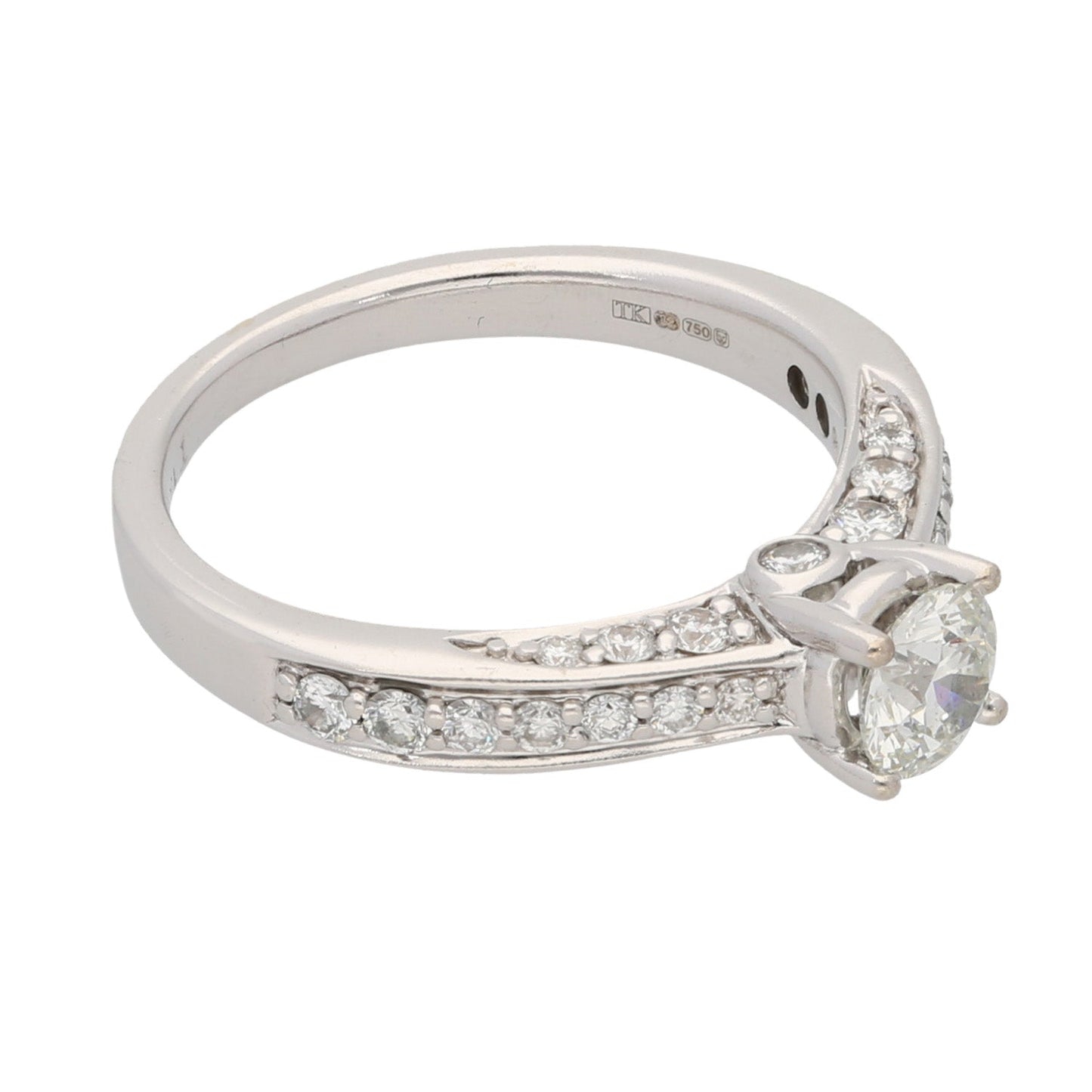 18ct White Gold 0.53ct Round Cut Diamond & 0.02ct Round Cut Diamond Ladies Solitaire Ring With Accent Stones Size N