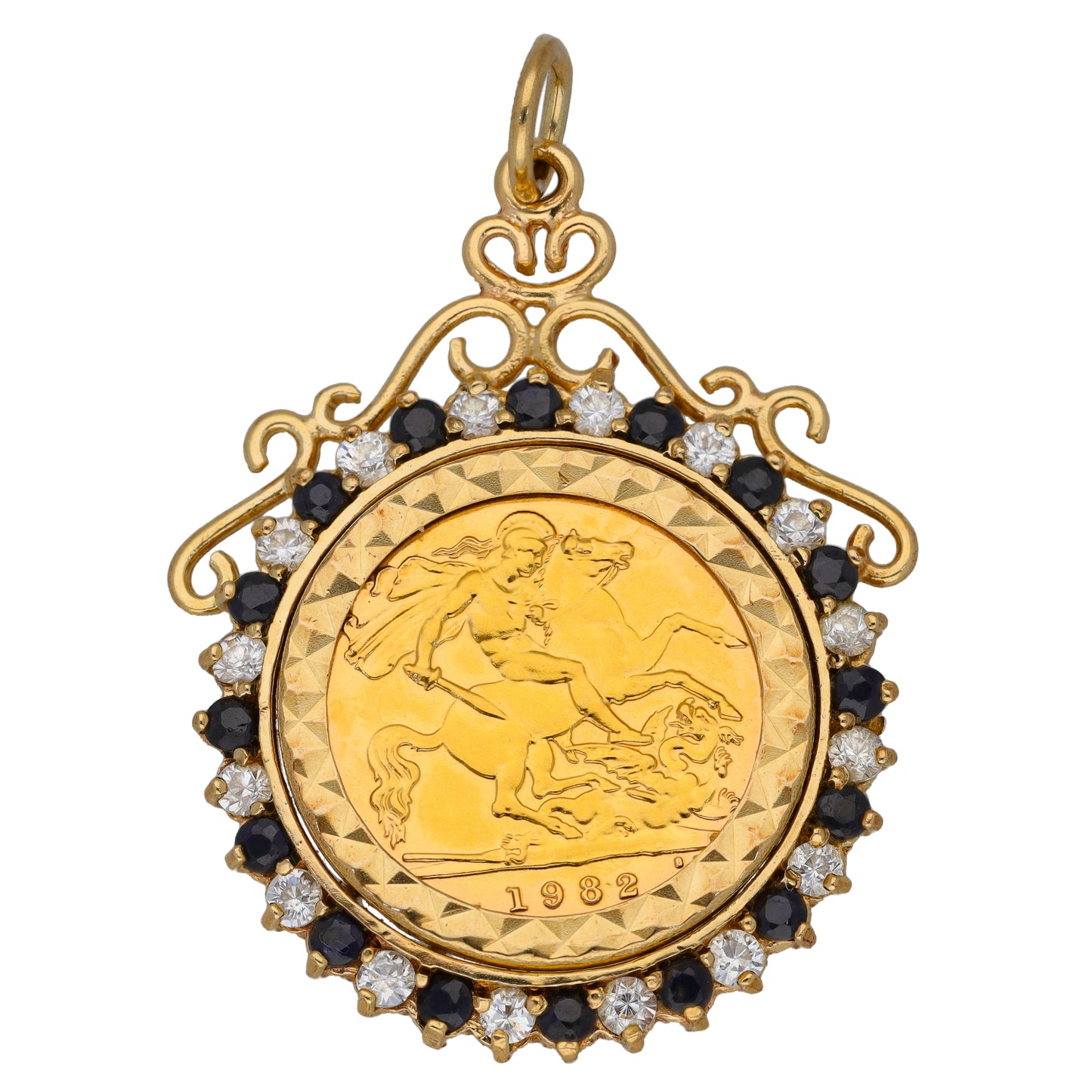 9ct Gold Sapphire & Cubic Zirconia Half Sovereign Coin Pendant