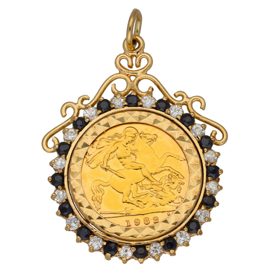 9ct Gold Sapphire & Cubic Zirconia Half Sovereign Coin Pendant