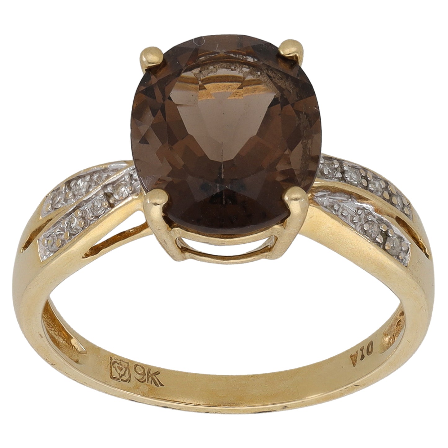 9ct Gold Smoky Quartz & 0.06ct Diamond Single Stone Ring with Accent Stones Size O