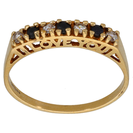 9ct gold half eternity ring with blue and clear gemstone-look stones