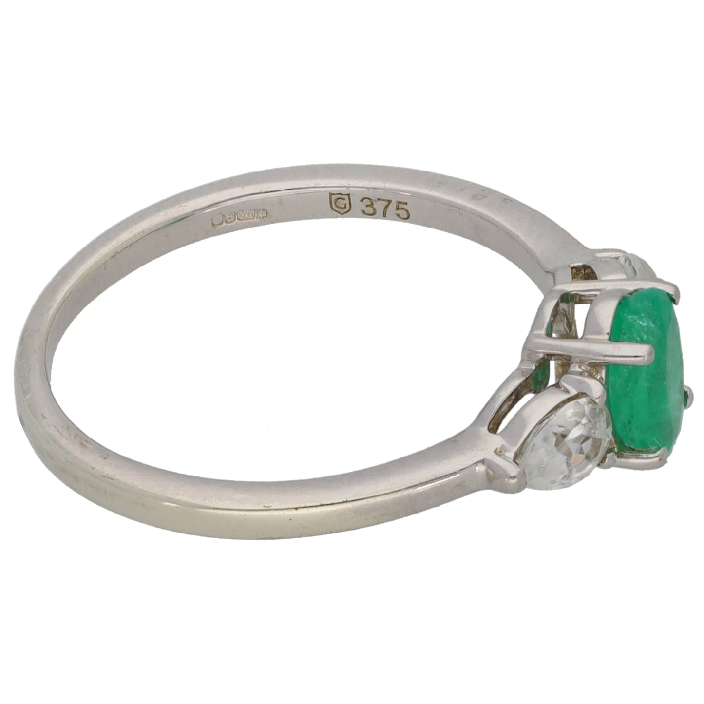 9ct White Gold Emerald & Imitation Trilogy Ring Size L