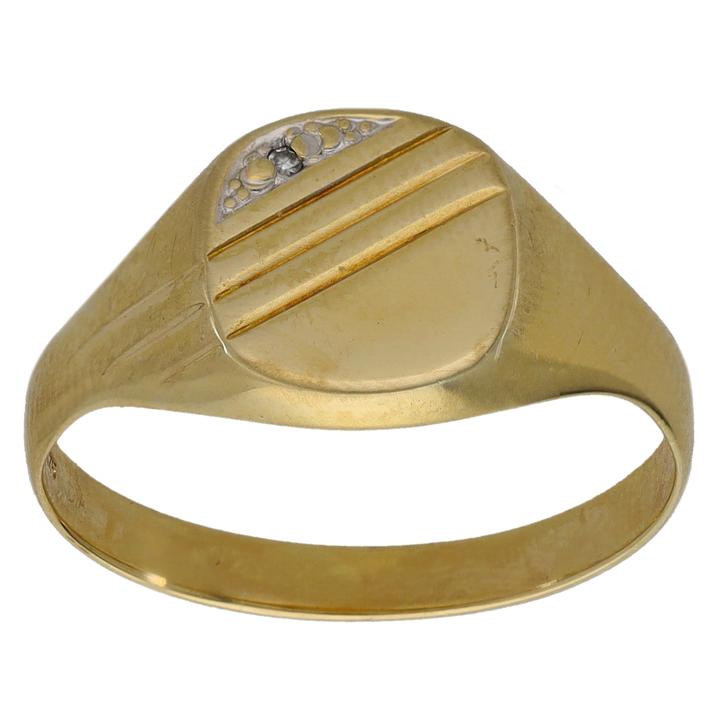 9ct Bicolour Gold 0.01ct Diamond Single Stone Patterned Signet Ring Size Q