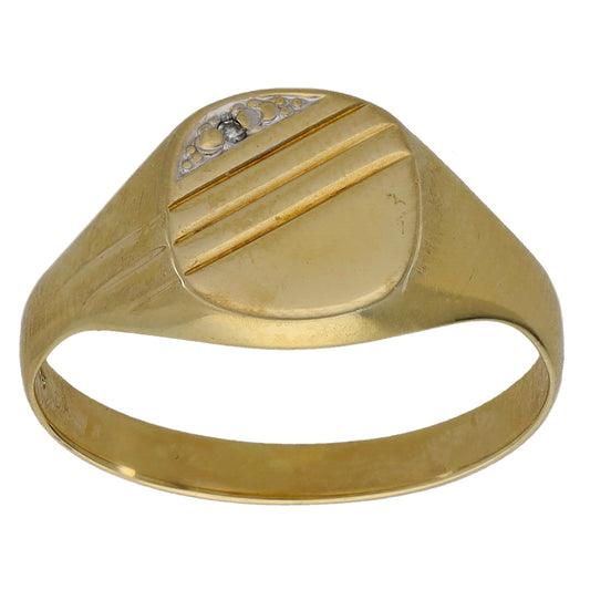 9ct Bicolour Gold 0.01ct Diamond Single Stone Patterned Signet Ring Size Q