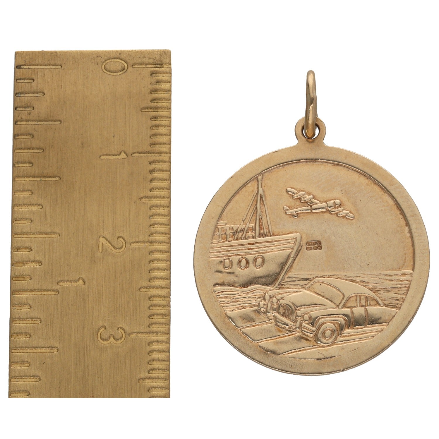 9ct gold St Christopher coin pendant with etched boat scene on reverse