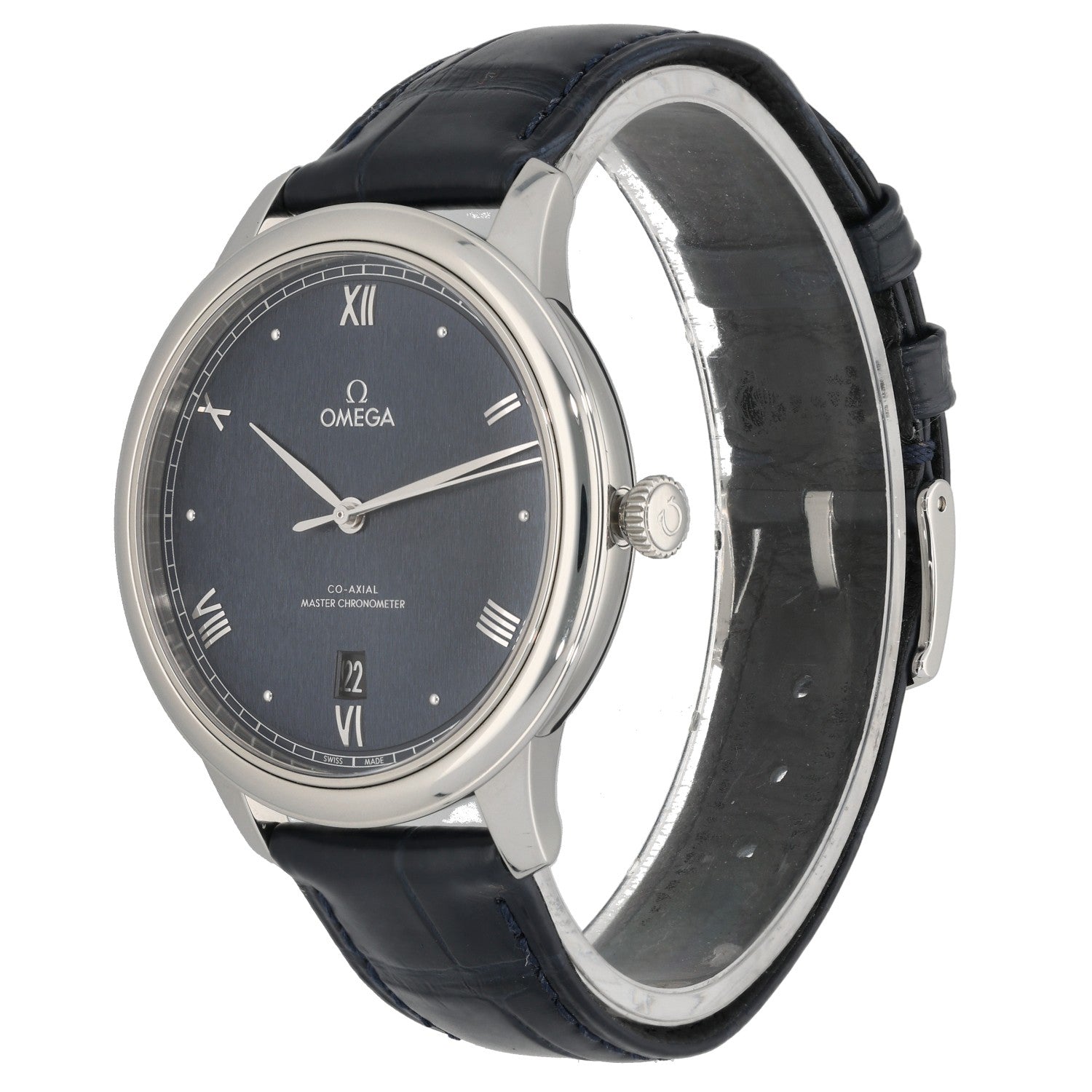 Omega De Ville Prestige 434.13.40.20.03.001, blue dial, stainless steel case and crown, black leather bracelet