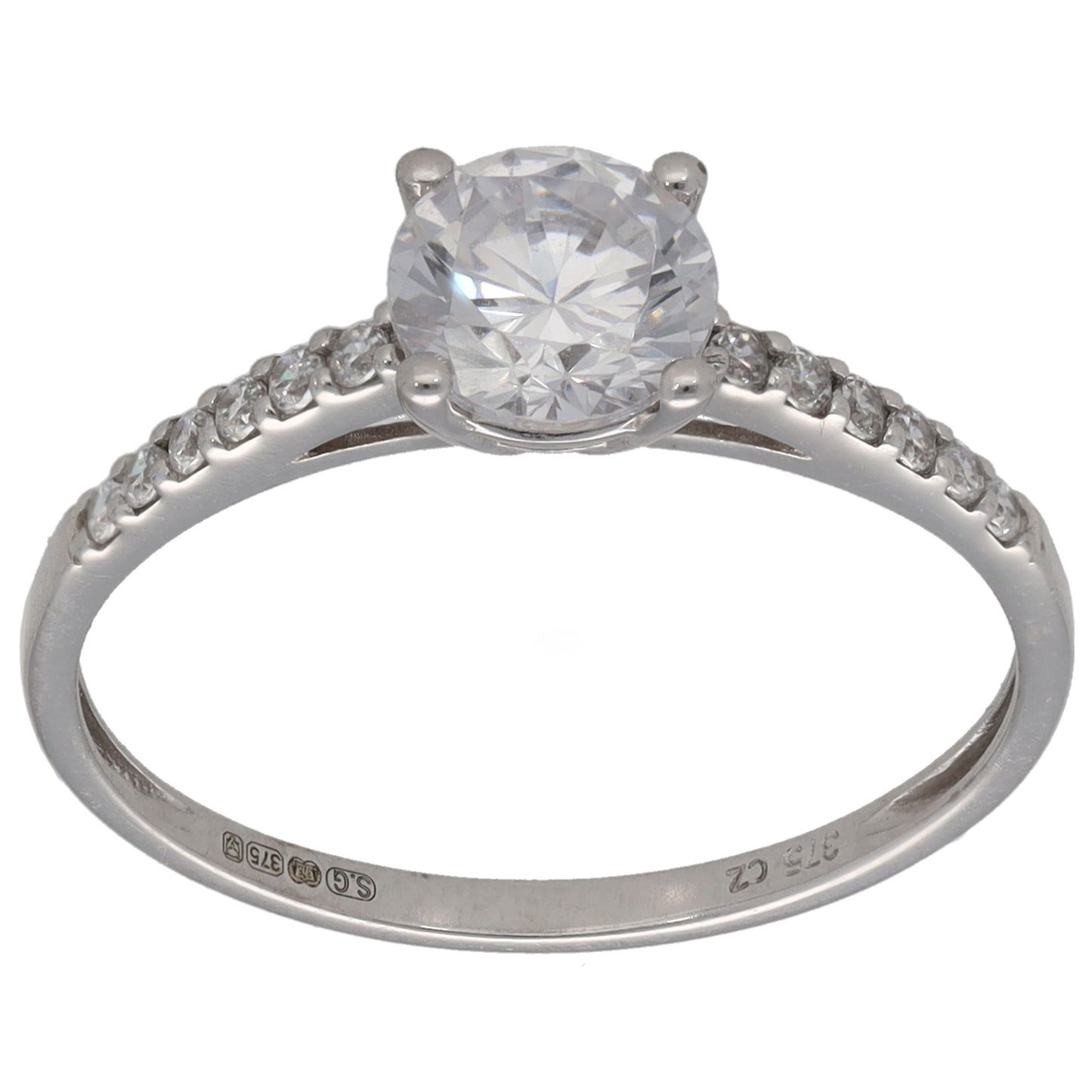 9ct White Gold Cubic Zirconia Single Stone Ring With Accents Size O