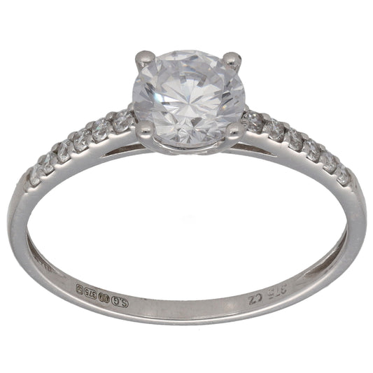 9ct white gold CZ ring with round center stone and small side accent stones