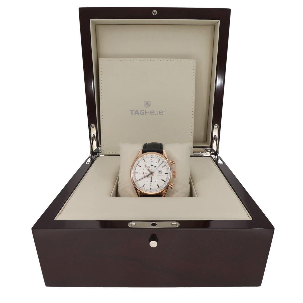 Tag Heuer Carrera CAR2140, white dial inside 18ct gold 41mm case with black adjustable leather bracelet, in Tag Heuer box