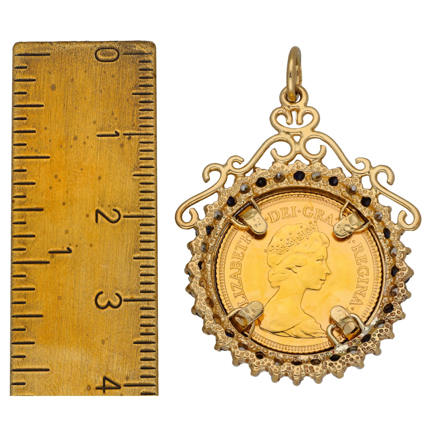 9ct Gold Sapphire & Cubic Zirconia Half Sovereign Coin Pendant