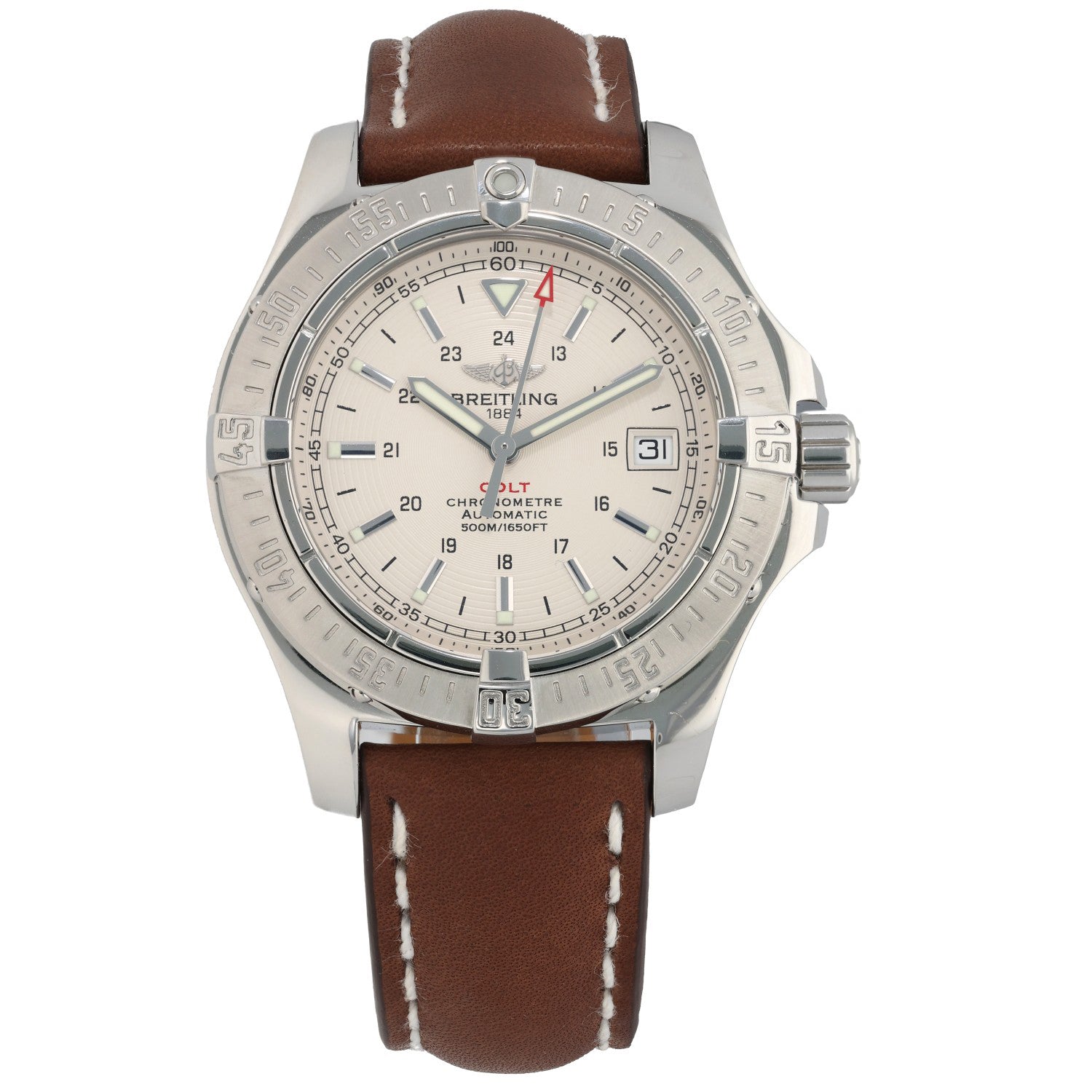 Breitling Colt A17380, white, dial, stainless steel, brown leather srap