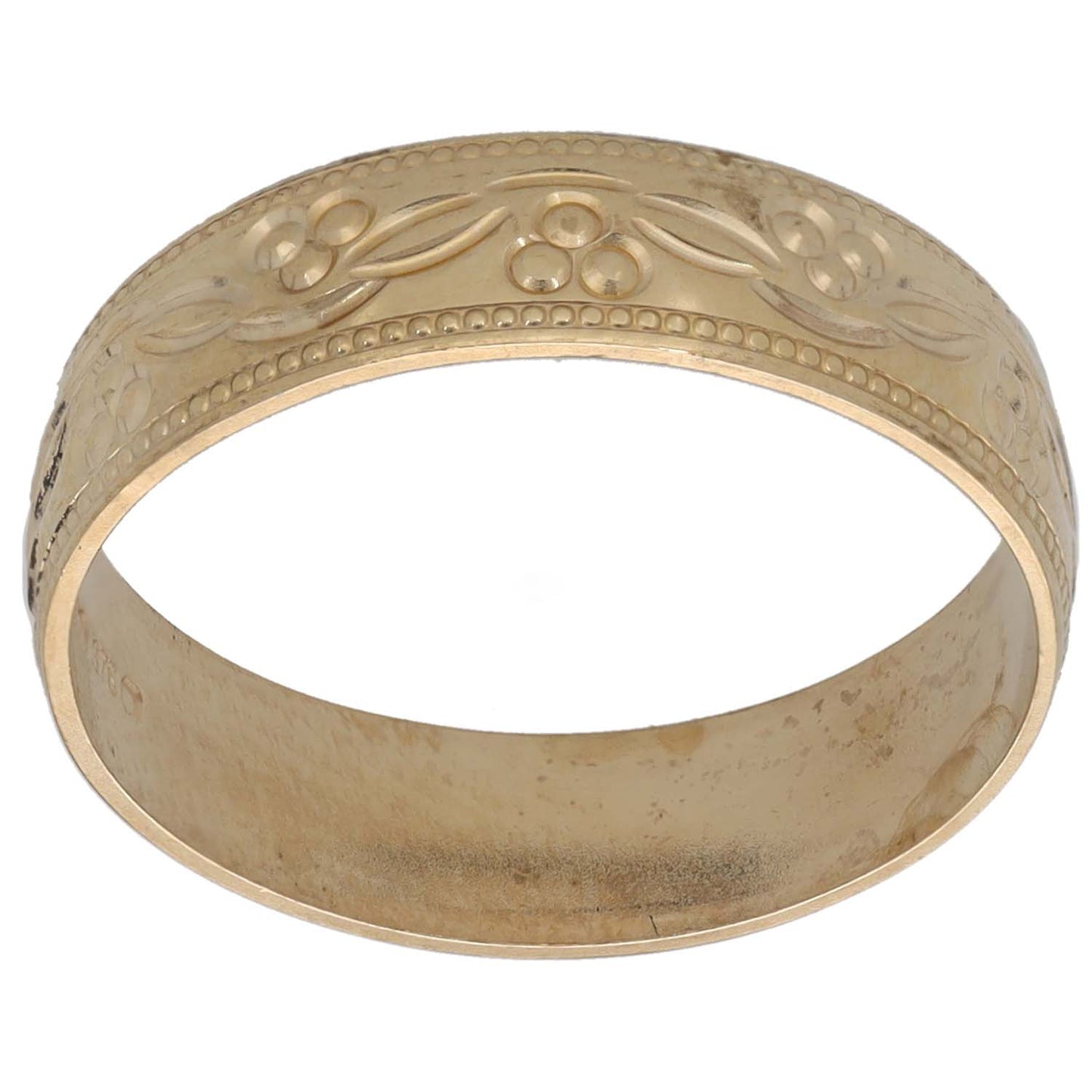 9ct gold patterned wedding ring, engraved floral details, smooth band, size N