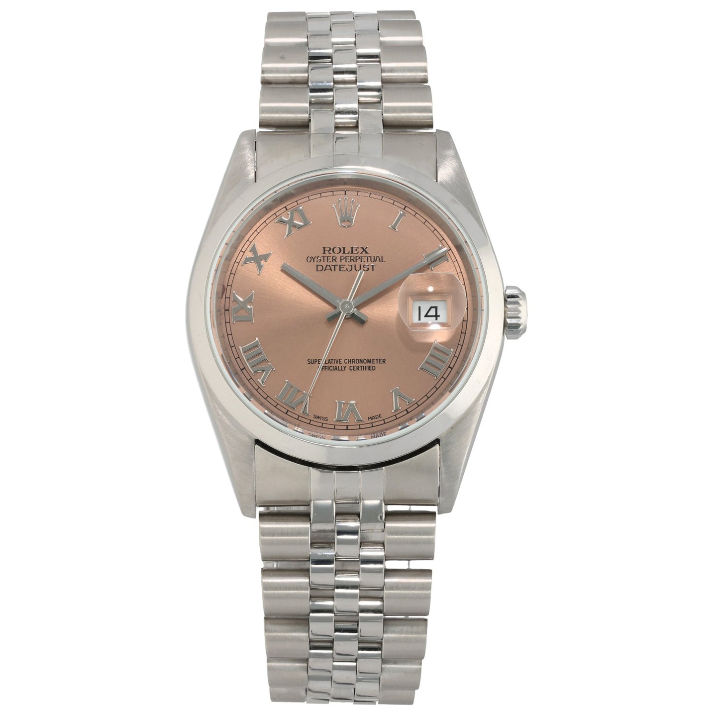 Rolex Datejust 16200, salmon dial with Roman numeral hour markers in stainless steel case