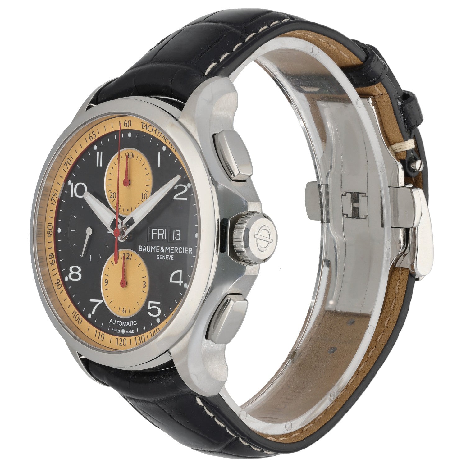 Baume Et Mercier Clifton 65826, Black And Yellow Watch, Front Angle Image