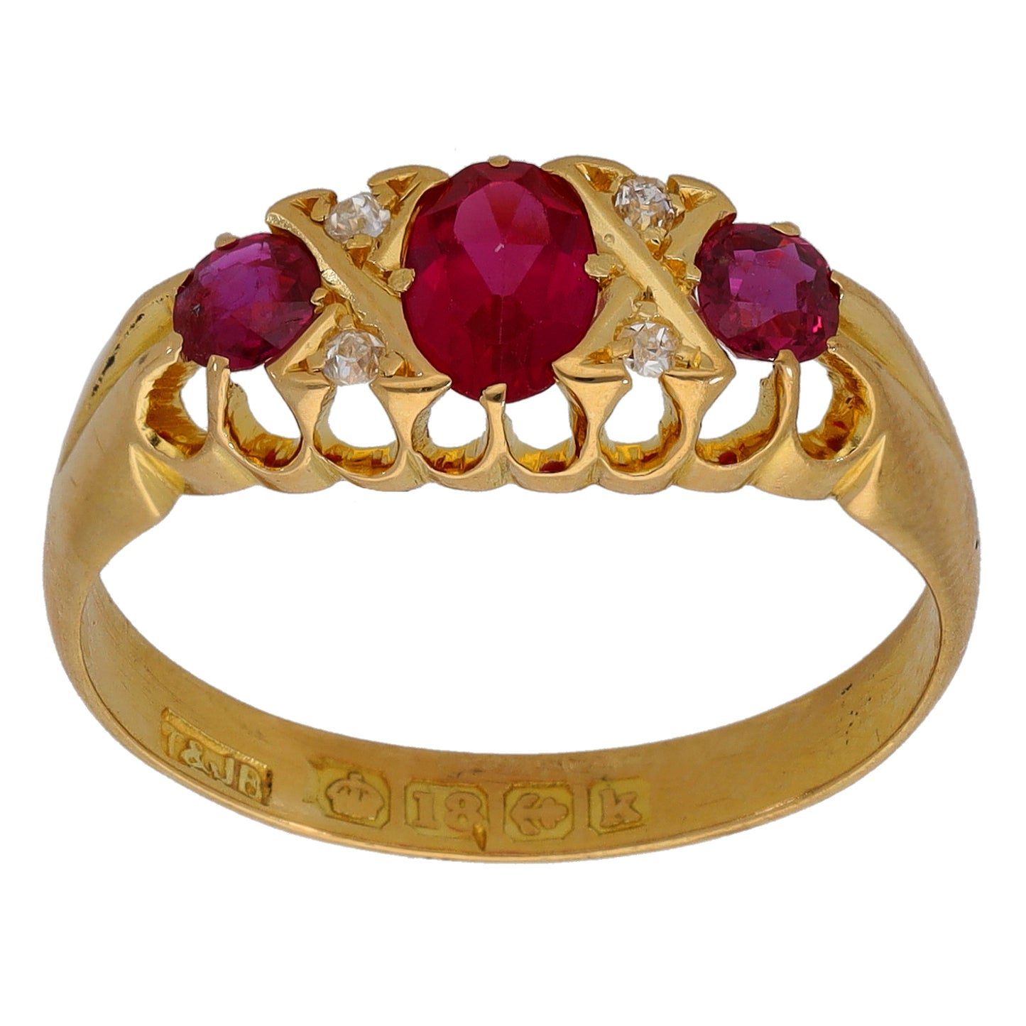 9ct Gold Ruby & 0.02ct Diamond A&V Stone Set Ring Size Q
